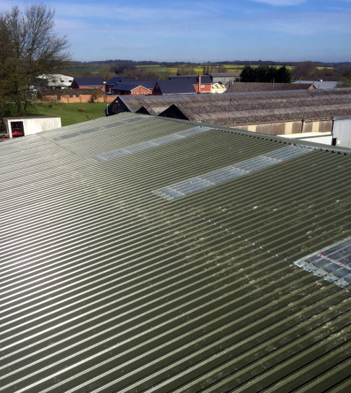 Steel shed from the roof clad in racing green with skylights